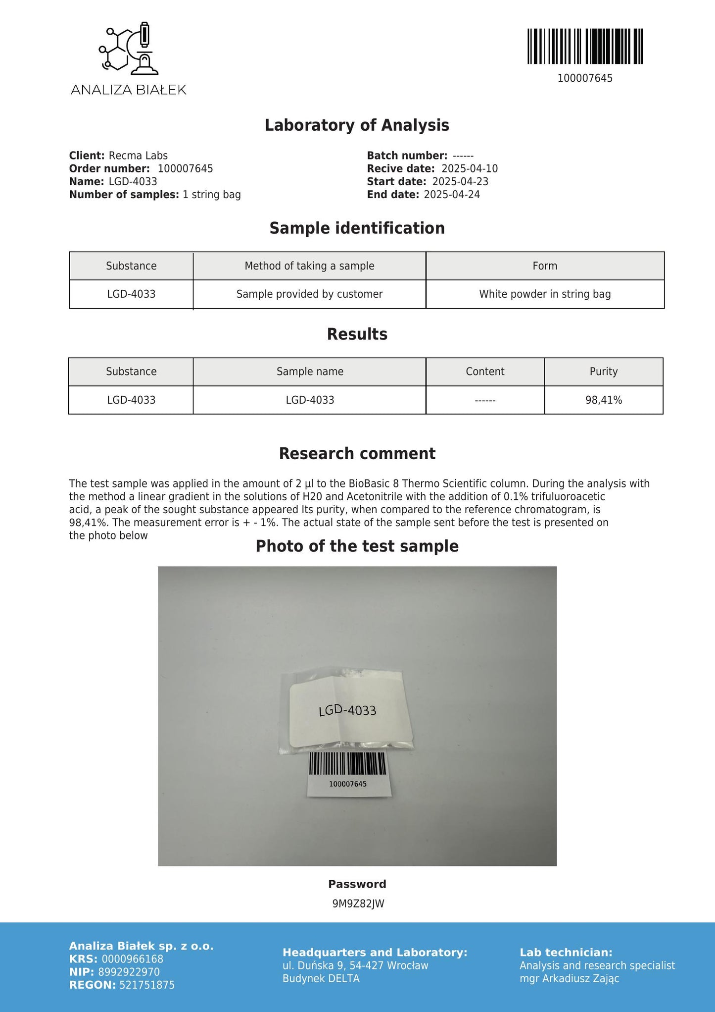 LIGANDROL (LGD-4033) Solution, 300mg (10mg/mL) - Recma Labs