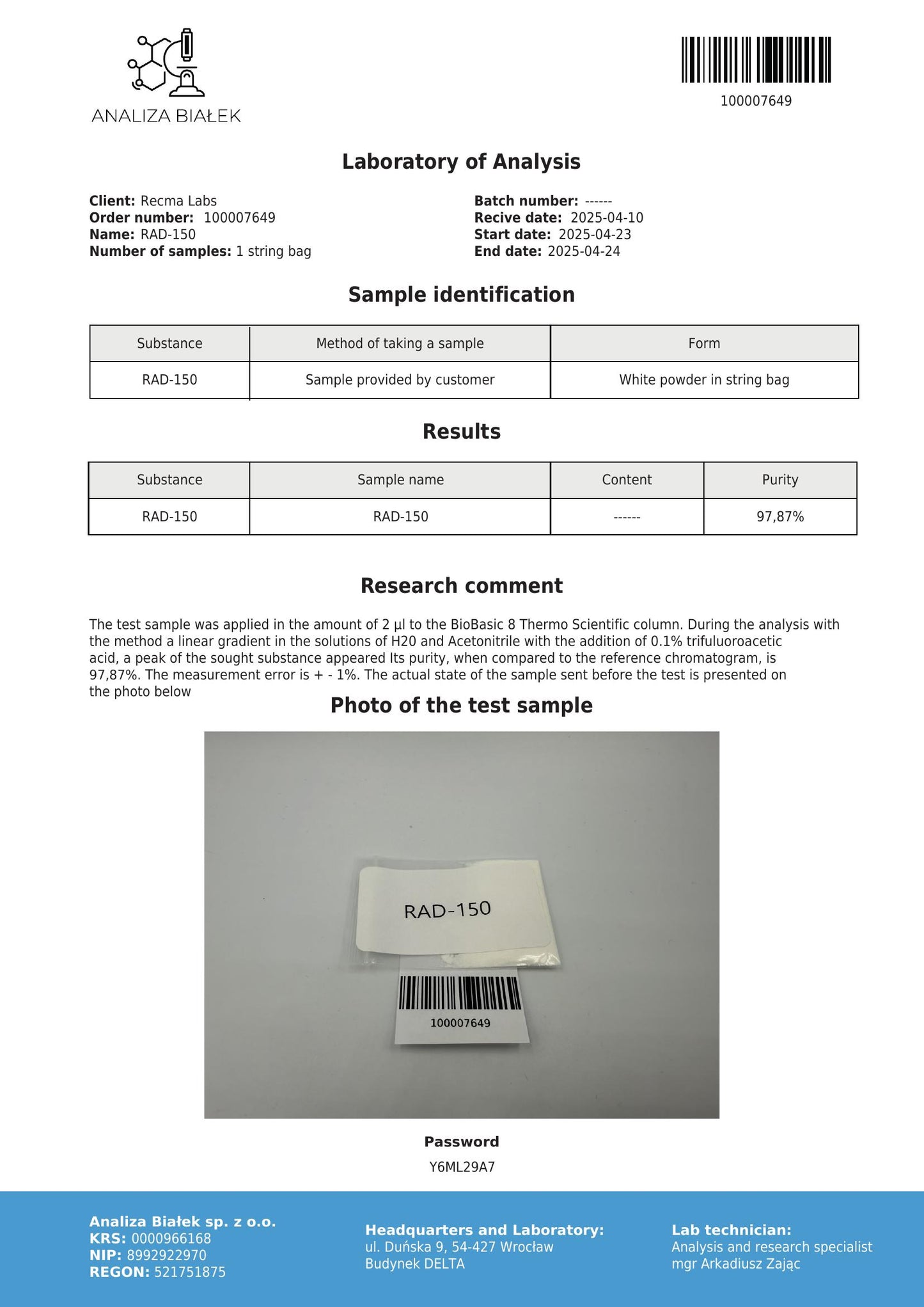 RAD-150 (TBL-150) Powder, 1gr - Recma Labs